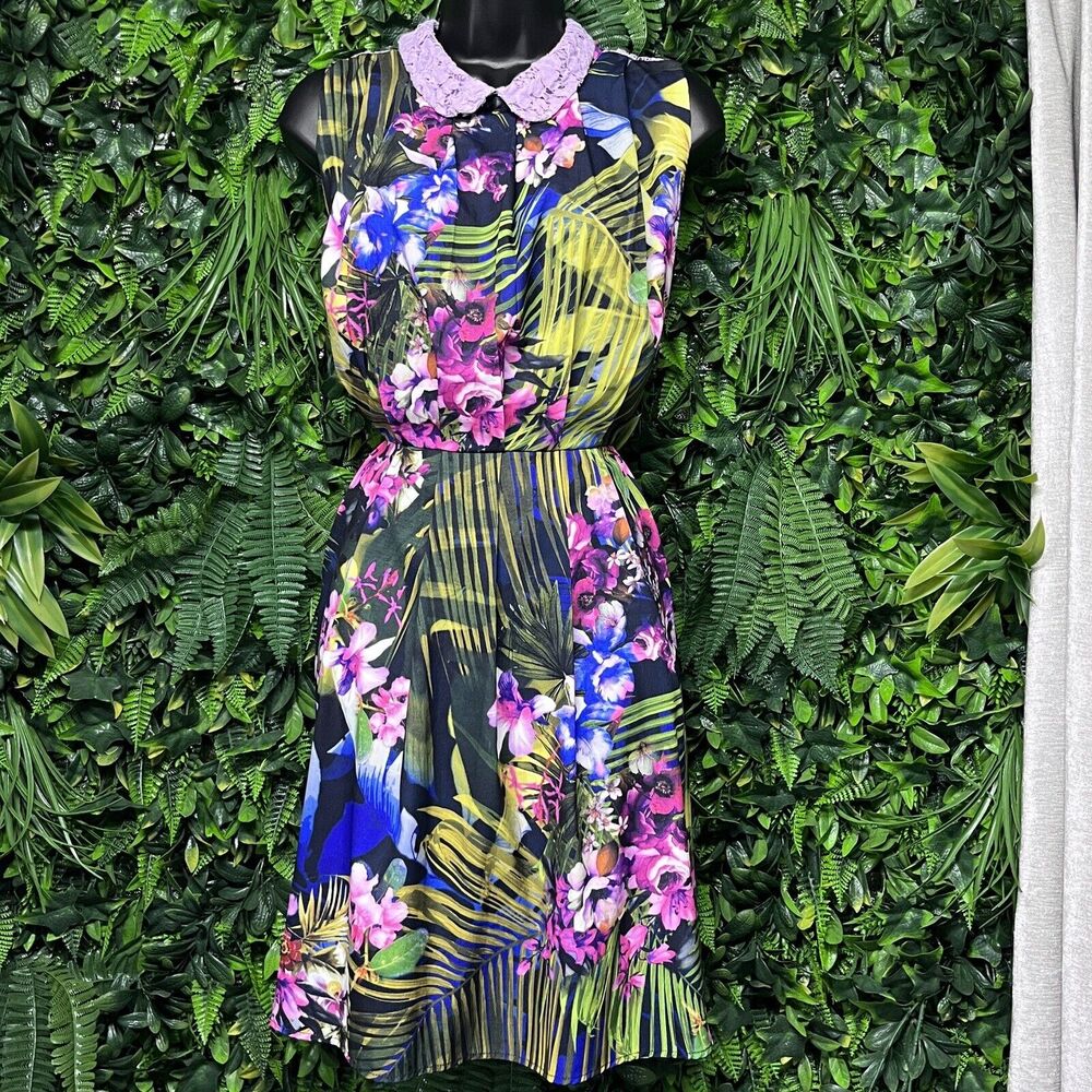 AMELIA NEW YORK Dress Women 10 Blue Floral Lace Collared Neck Sheath Career 2402